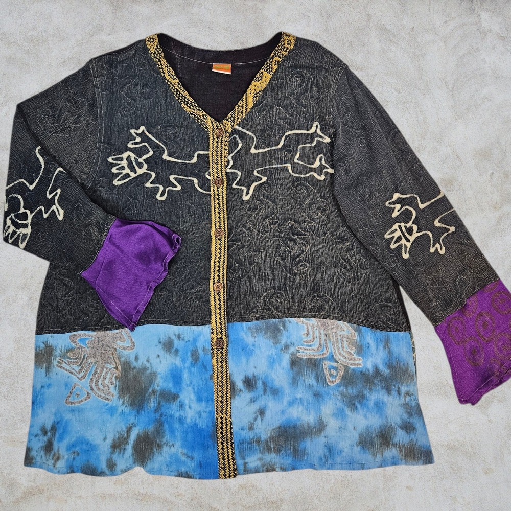 Koi Bali Rayon Batik Mixed Media Cardigan Button Front Blue Purple XL